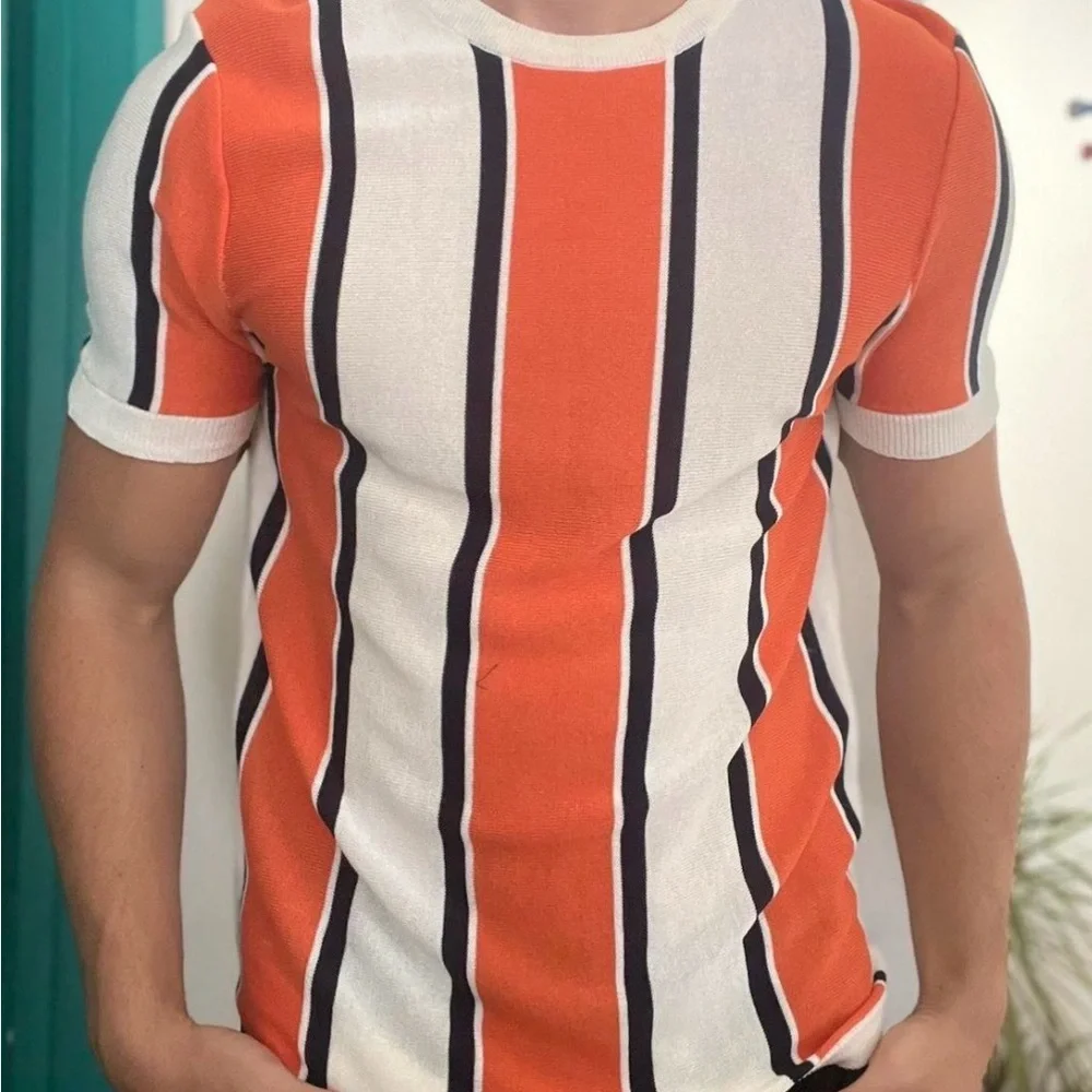 Striped Orange and White Men's Shirt - Picture 1 of 3